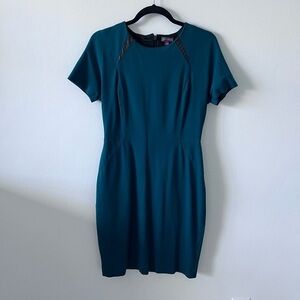 Vince Camuto Emerald Green Pencil Dress with Faux Leather detail, back zipper